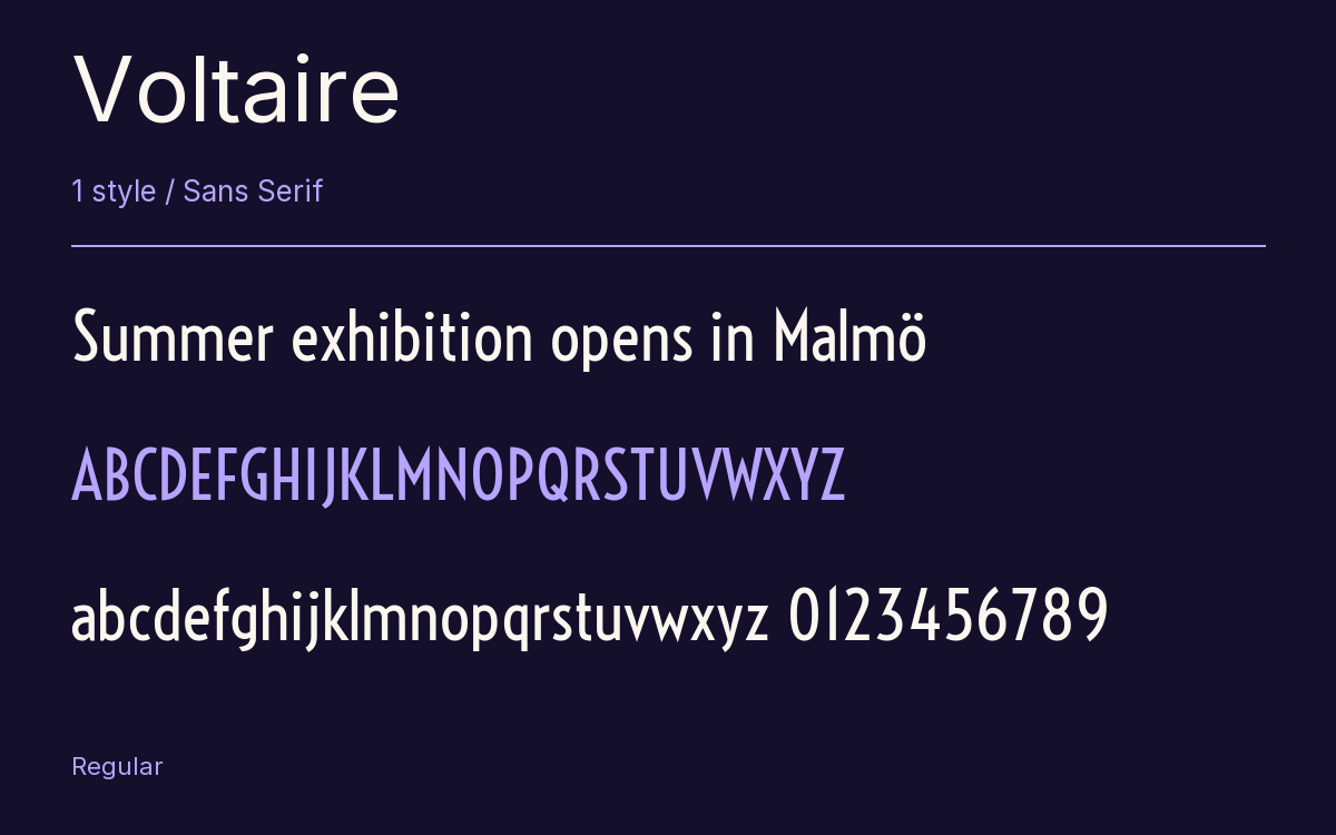 Voltaire type specimen with letters and figures