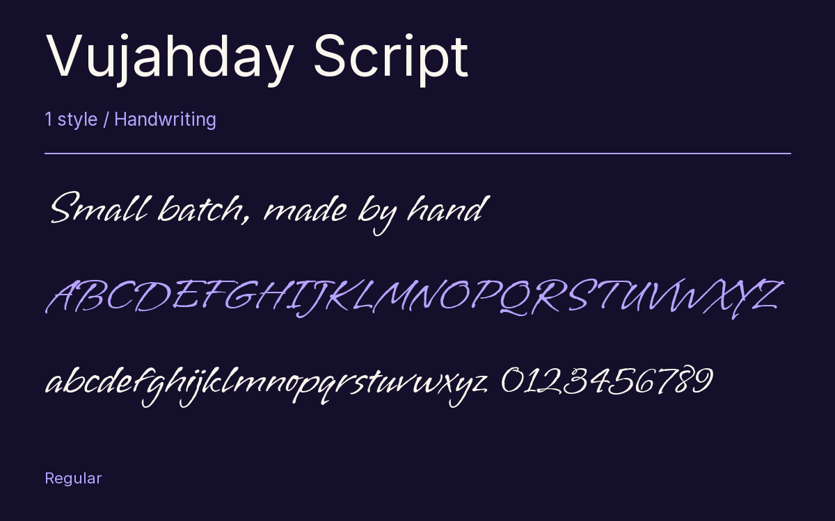 Vujahday Script type specimen with letters and figures