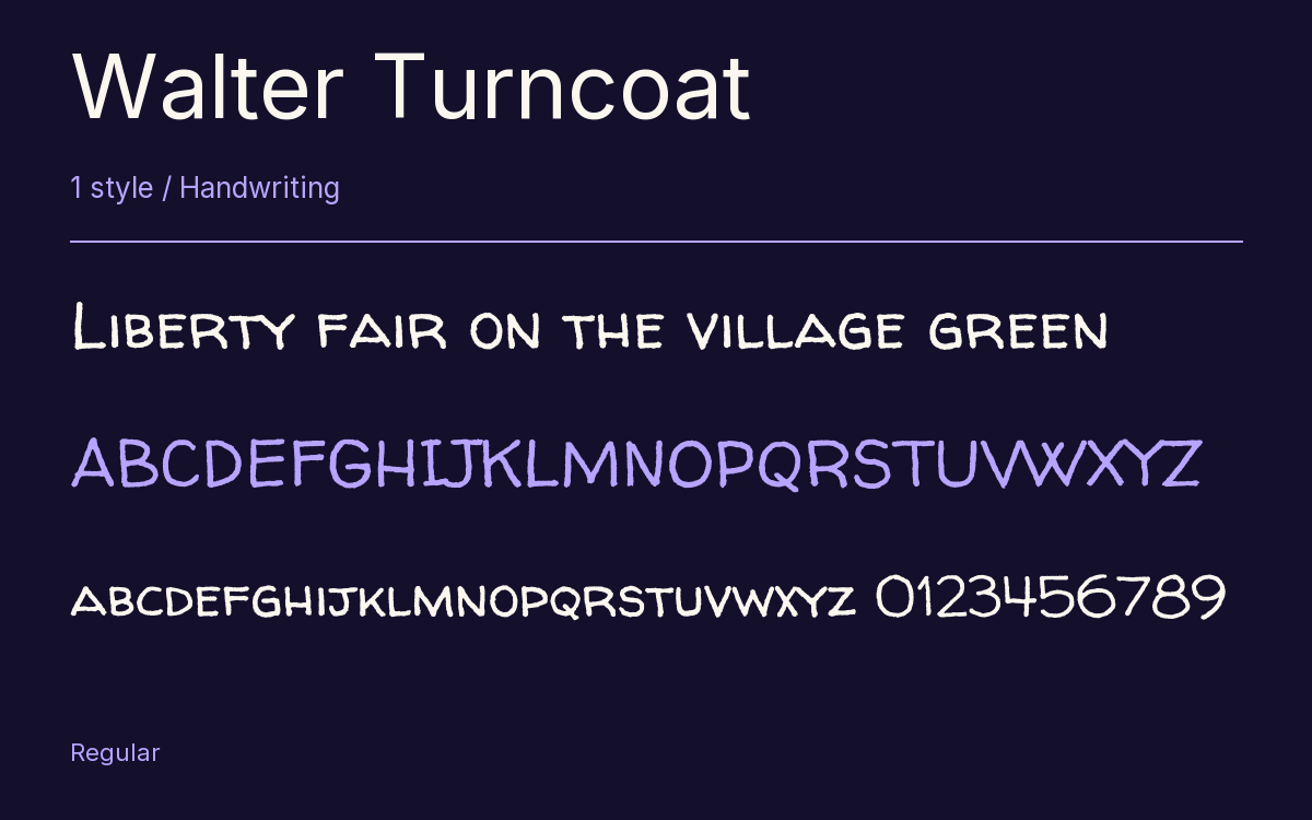Walter Turncoat type specimen with letters and figures