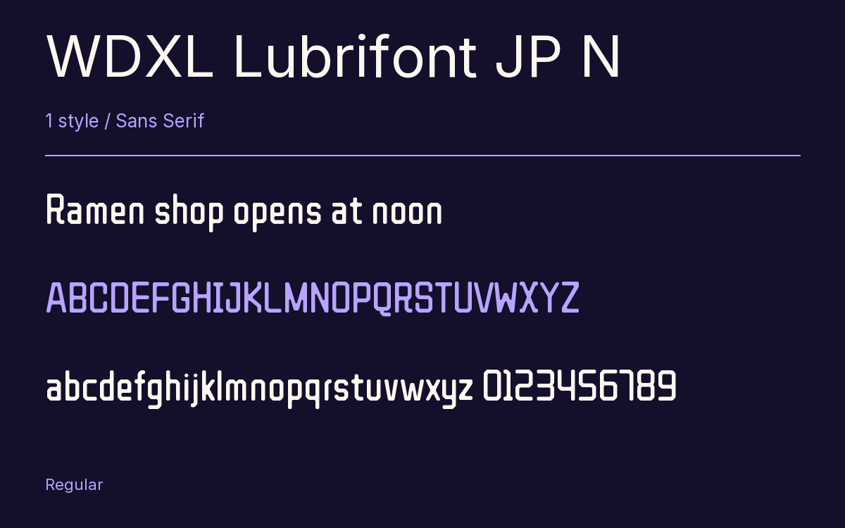 WDXL Lubrifont JP N type specimen with letters and figures