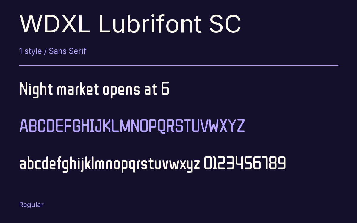WDXL Lubrifont SC type specimen with letters and figures