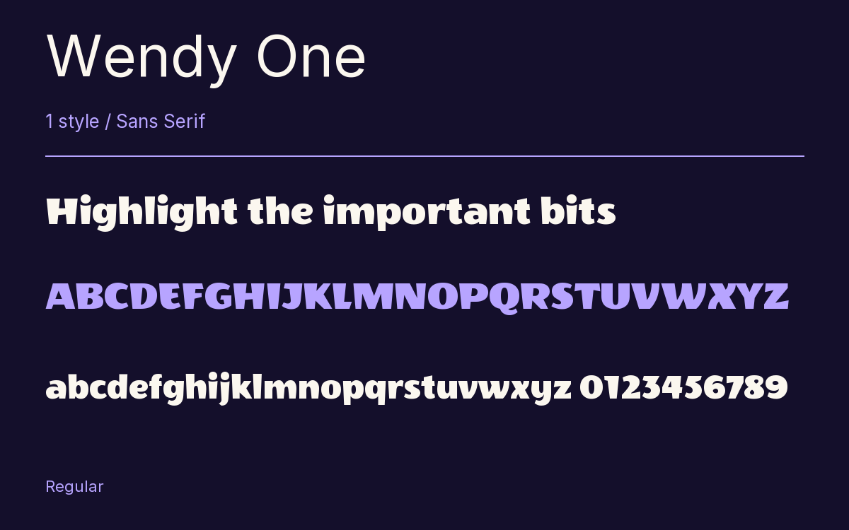 Wendy One type specimen with letters and figures