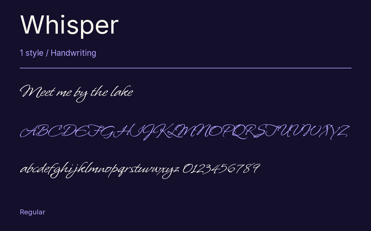 Whisper type specimen with letters and figures