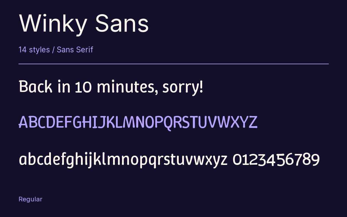 Winky Sans type specimen with letters and figures