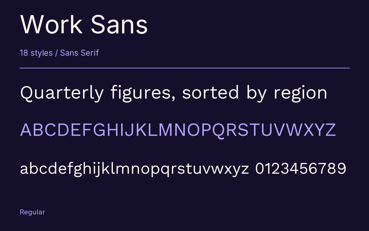 Work Sans type specimen with letters and figures