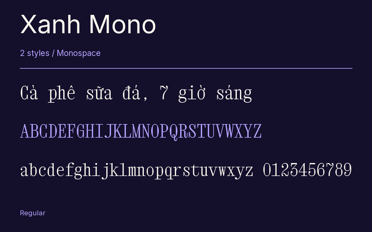 Xanh Mono type specimen with letters and figures