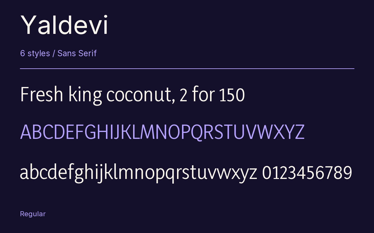Yaldevi type specimen with letters and figures