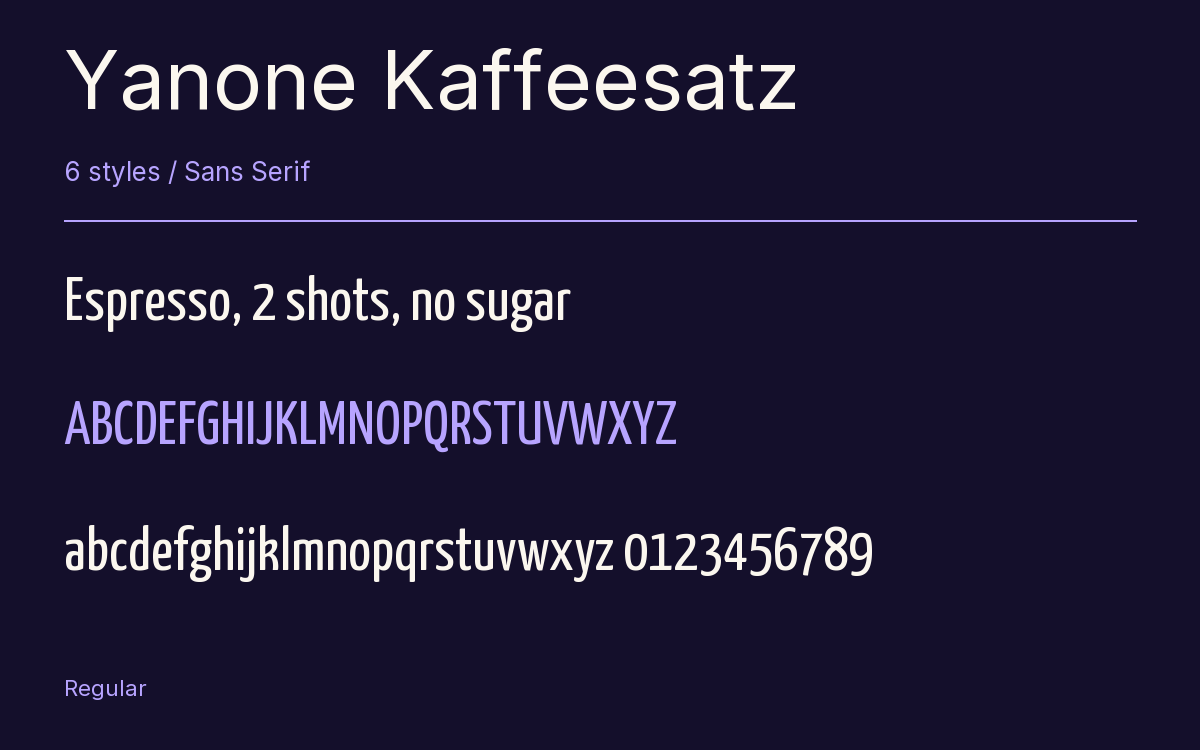 Yanone Kaffeesatz type specimen with letters and figures