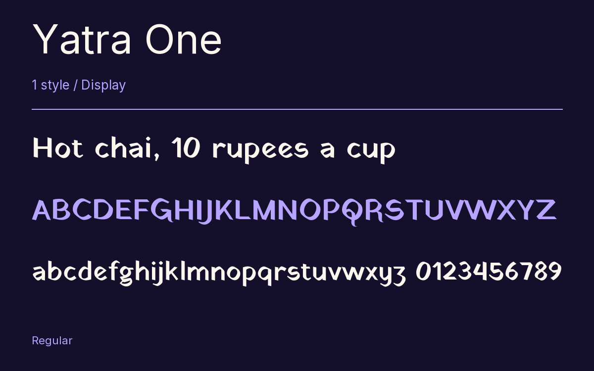 Yatra One type specimen with letters and figures