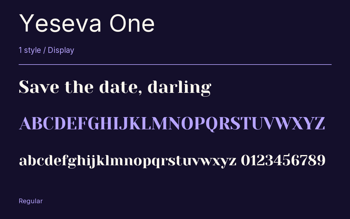 Yeseva One type specimen with letters and figures