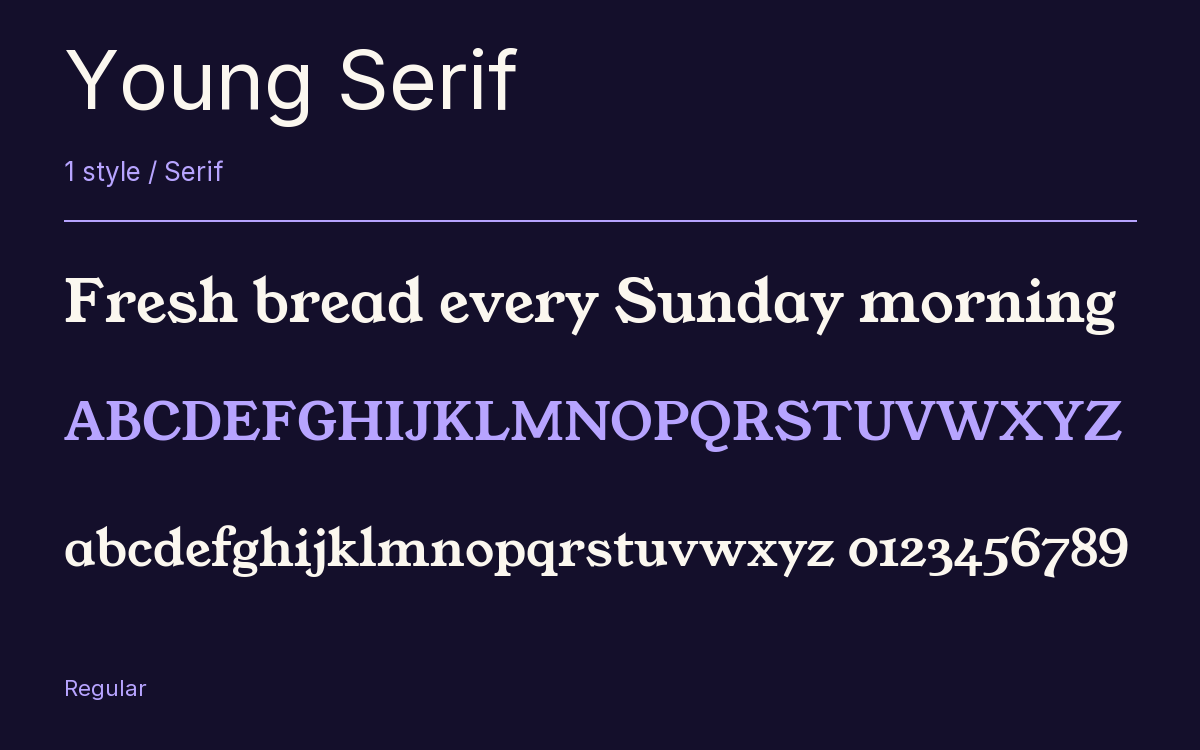 Young Serif type specimen with letters and figures