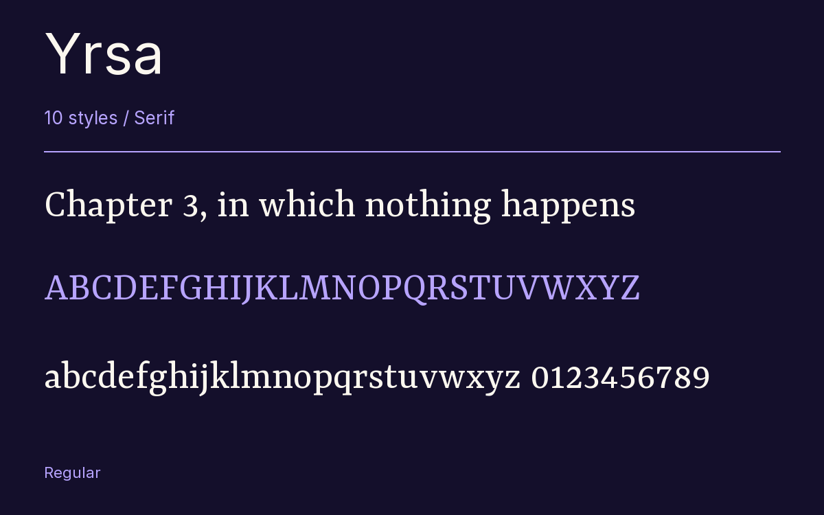 Yrsa type specimen with letters and figures