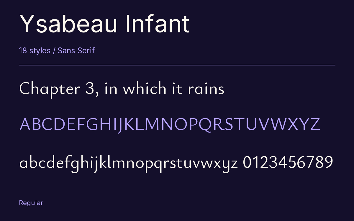 Ysabeau Infant type specimen with letters and figures