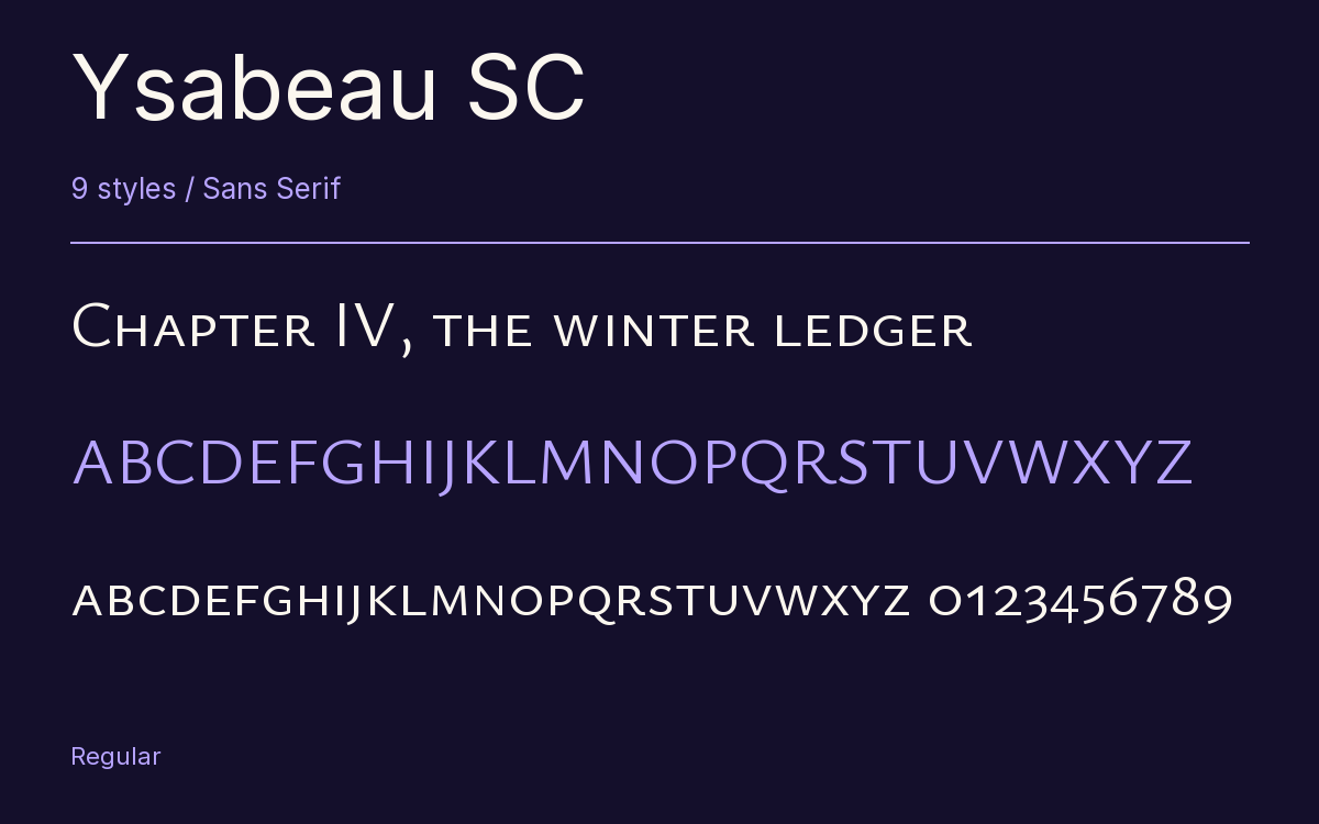 Ysabeau SC type specimen with letters and figures