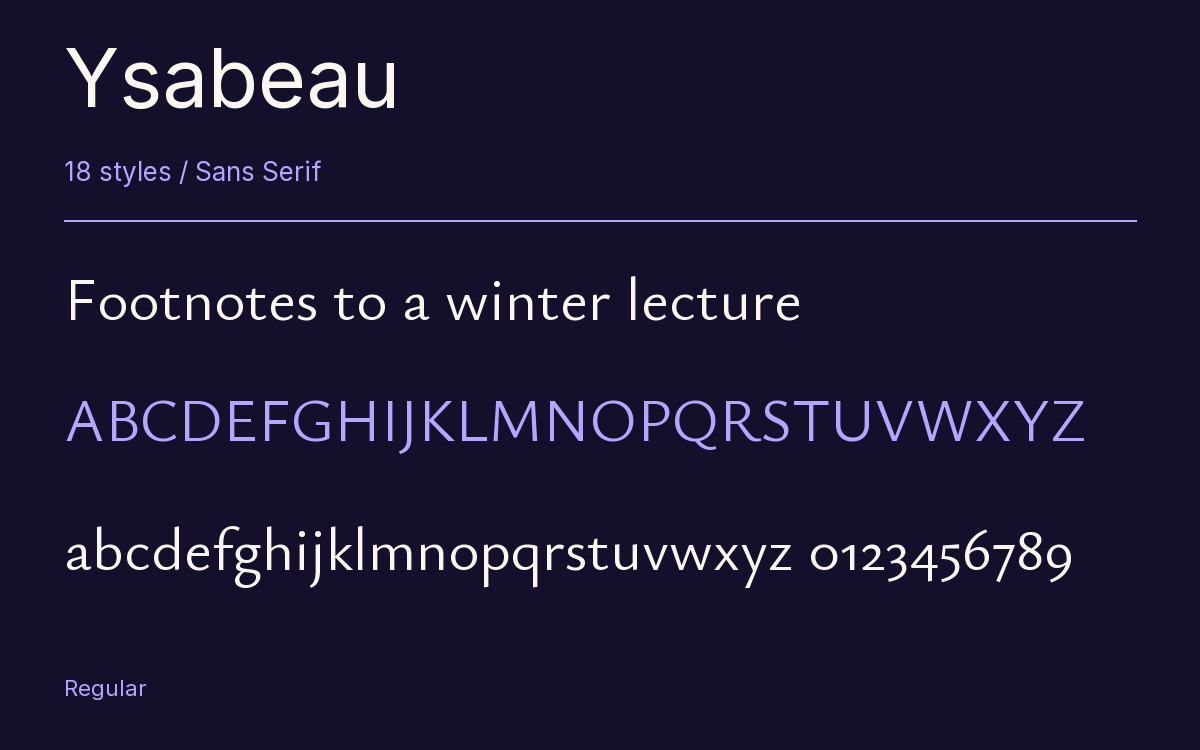 Ysabeau type specimen with letters and figures
