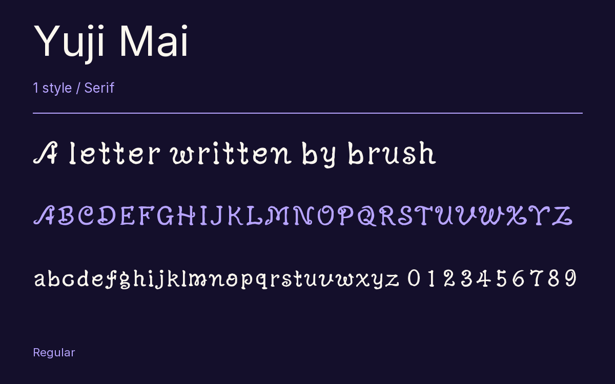 Yuji Mai type specimen with letters and figures