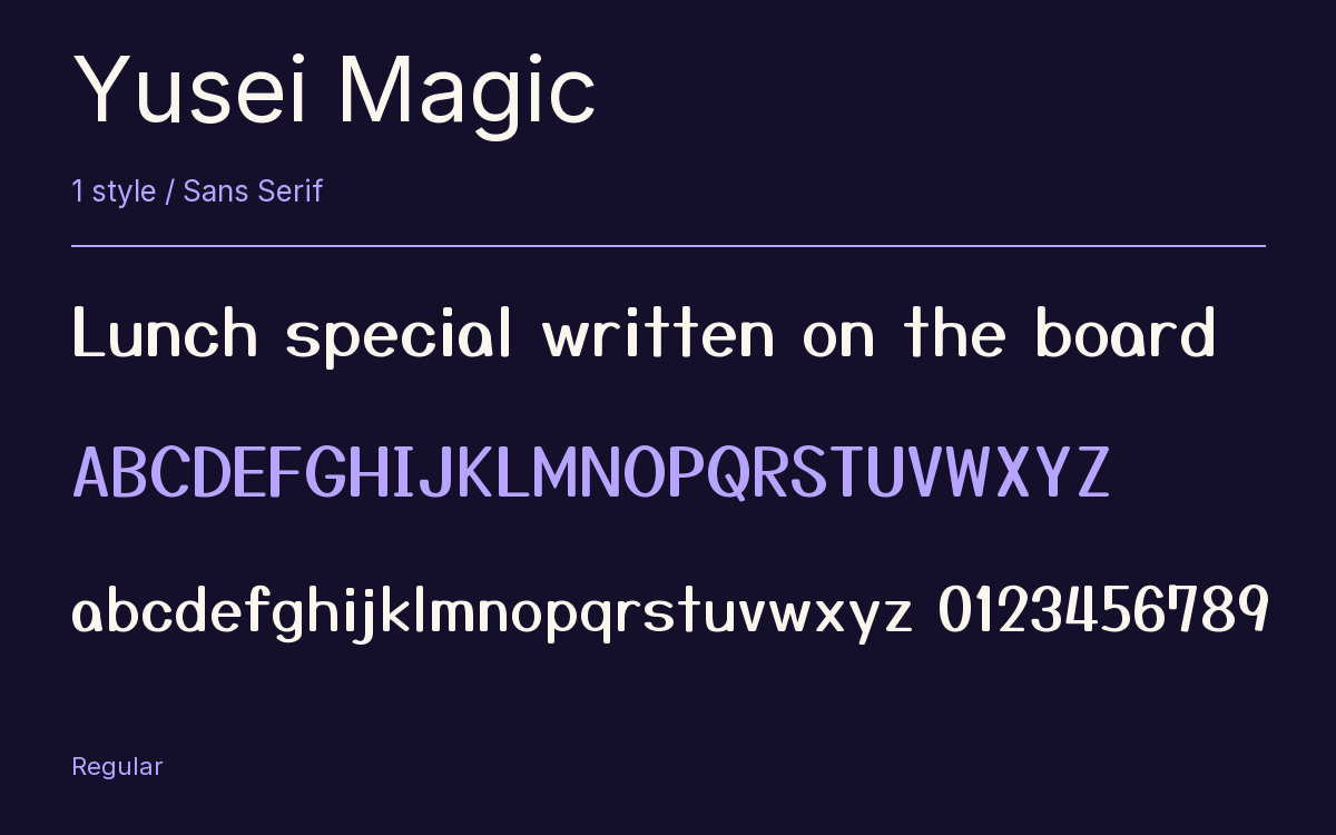Yusei Magic type specimen with letters and figures