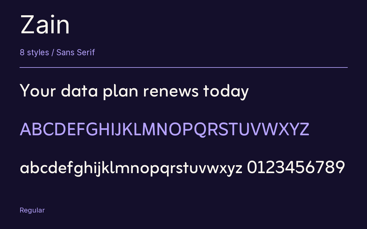 Zain type specimen with letters and figures