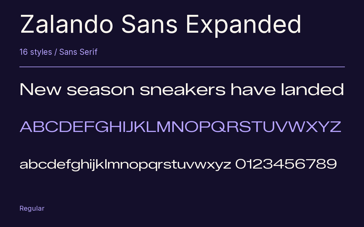 Zalando Sans Expanded type specimen with letters and figures