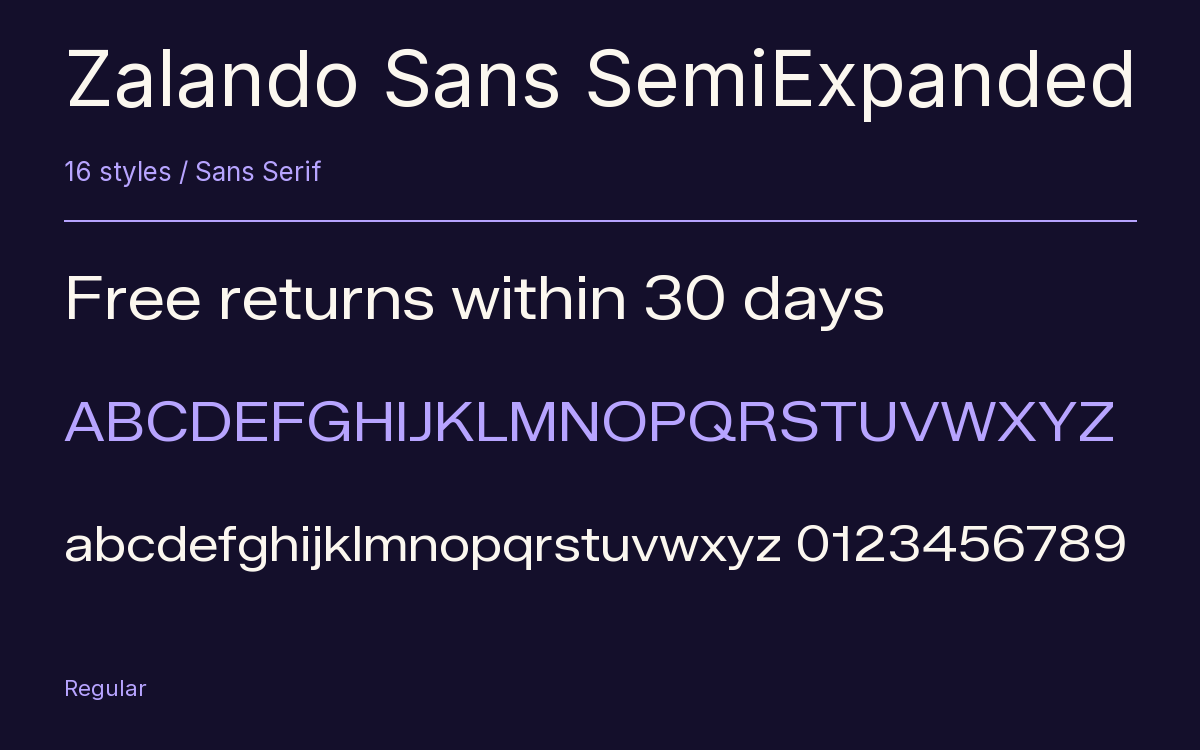 Zalando Sans SemiExpanded type specimen with letters and figures