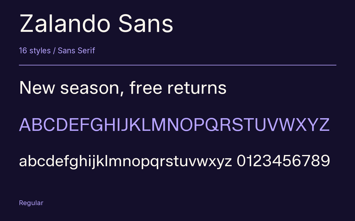 Zalando Sans type specimen with letters and figures