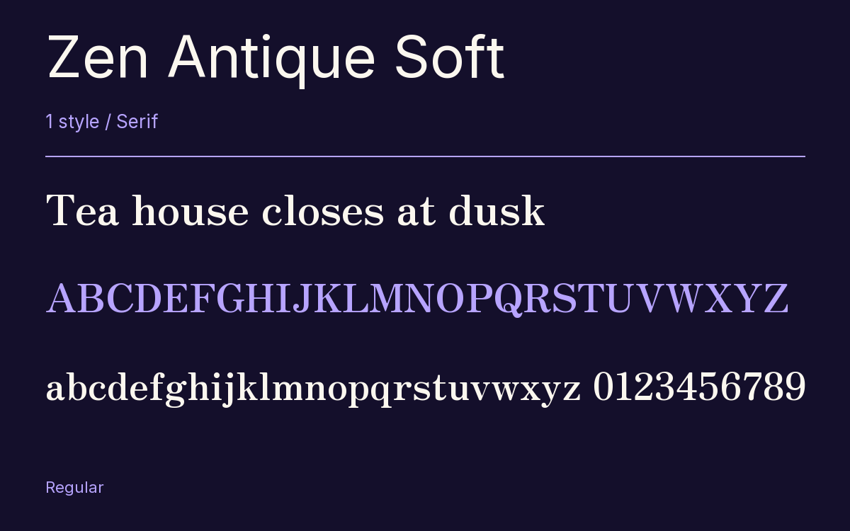 Zen Antique Soft type specimen with letters and figures