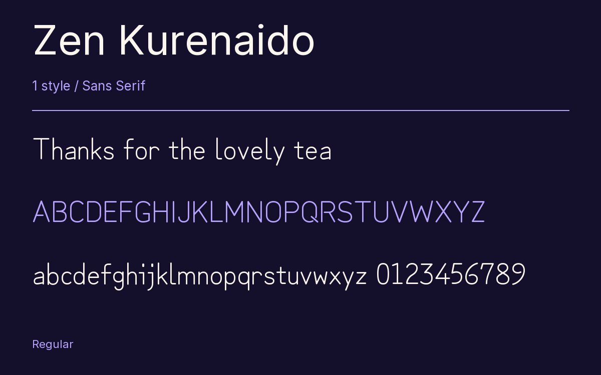 Zen Kurenaido type specimen with letters and figures
