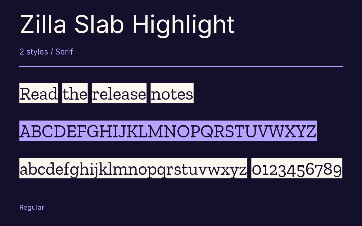 Zilla Slab Highlight type specimen with letters and figures
