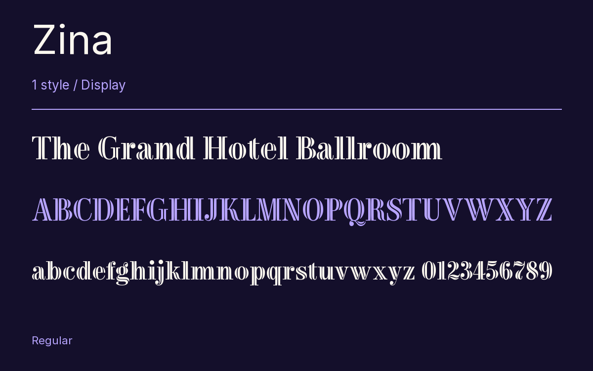 Zina type specimen with letters and figures
