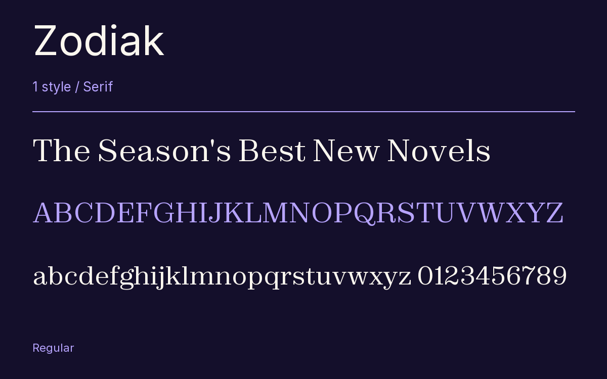 Zodiak type specimen with letters and figures